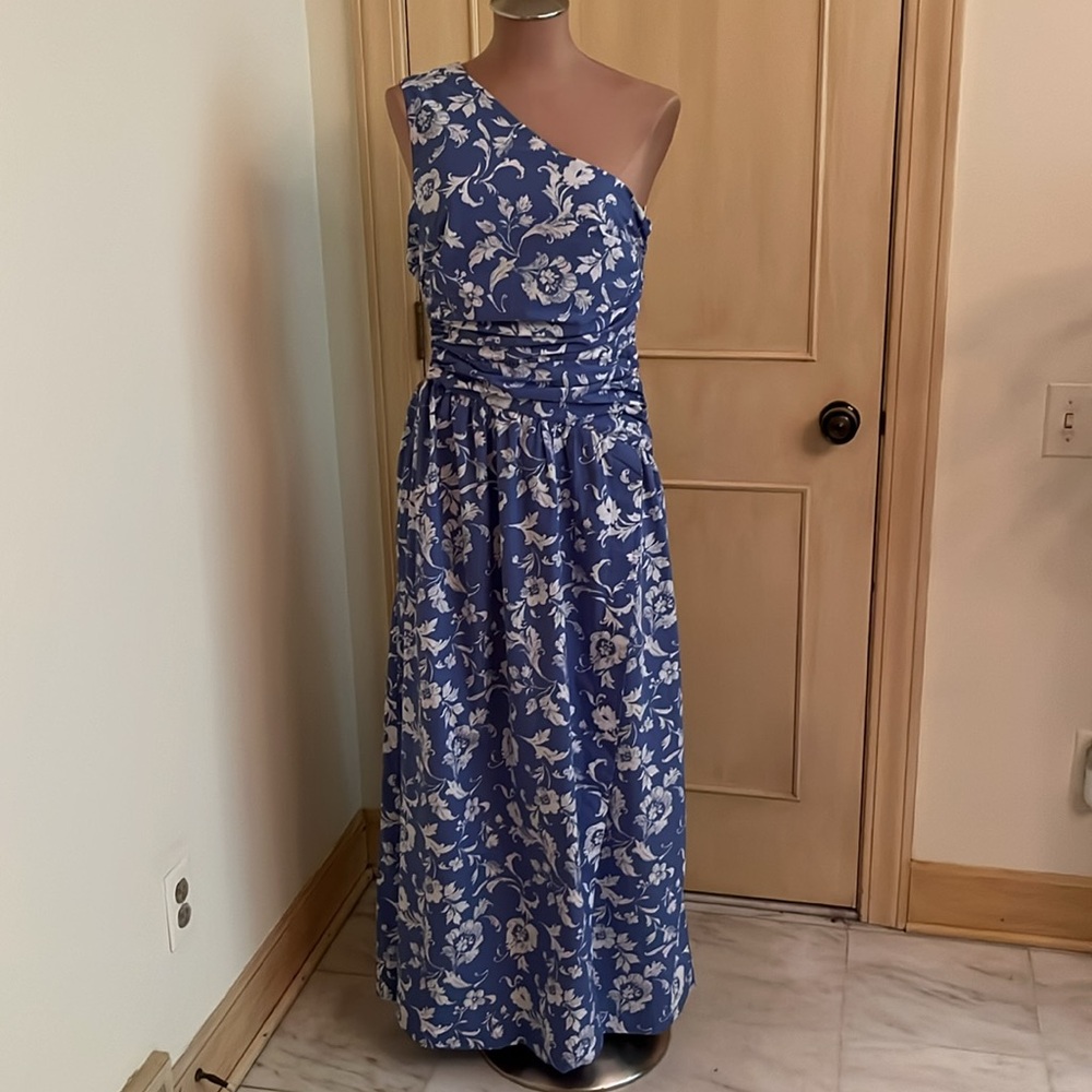 ABERCROMBIE & FITCH NWT Wedding Guest 1-Shoulder Cut Out Blue/WHT Floral Maxi M